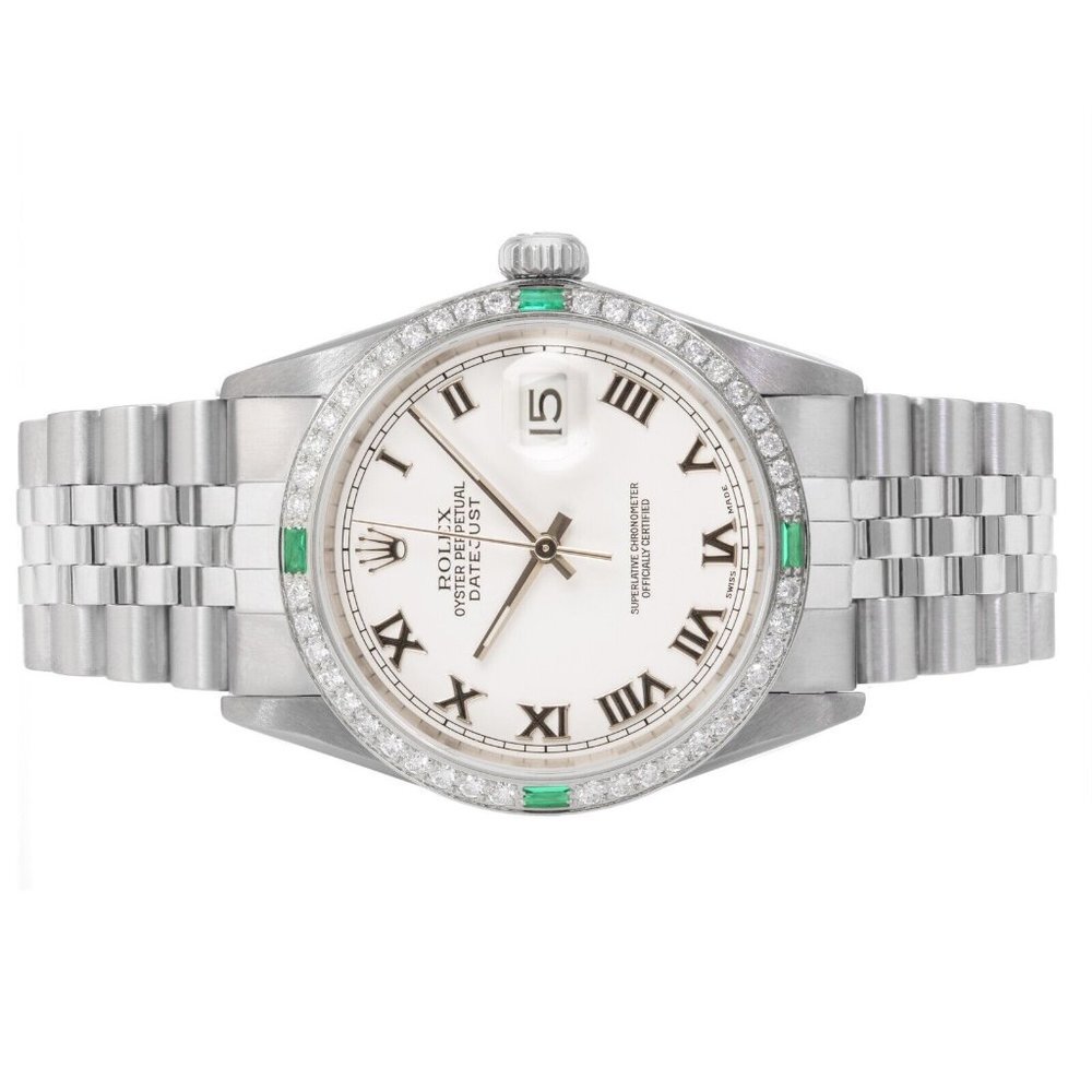 ROLEX DATEJUST WHITE ROMAN NUMERAL DIAL DIAMOND-EMERALD JUBILEE WATCH 36MM 16014 - Picture 4 of 6